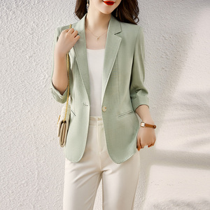 亚麻绿色西装外套女夏季薄款小个子棉麻七分袖修身韩版休闲小西服