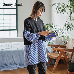桑妮库拉/Sunny clouds 女式纯棉针织拼接条纹衬衫