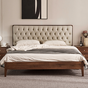 黑胡桃木真皮实木床现代简约小户型储物双人1.8米婚床定制2米特价