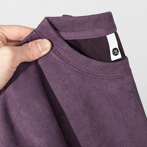 木槿紫！重磅麂皮绒圆领短袖t恤夏季纯色宽松简约大气男女款上衣