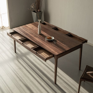 北美黑胡桃木餐桌北欧桌子现代简约长方形抽屉工作台书桌全实木桌