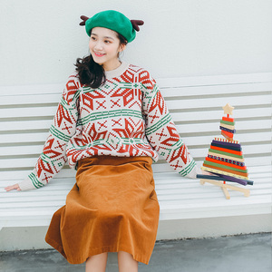 浓浓的圣诞新年气息韩版可爱学院风雪花图案套头毛衣女