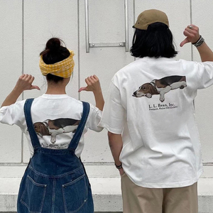 LLBEAN联名BEAMS日系美式复古动物印花短袖户外休闲宽松情侣装T恤