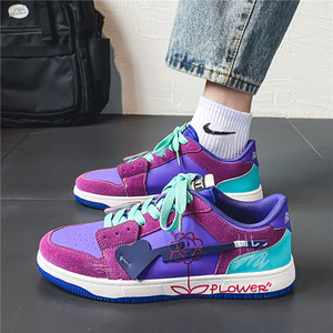 紫色男鞋夏季百搭小众设计感原创手绘涂鸦板鞋休闲青少年运动潮鞋