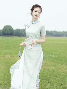 小清新绿色旗袍年轻款高端气质茶服奥黛2024夏季新款小个子连衣裙