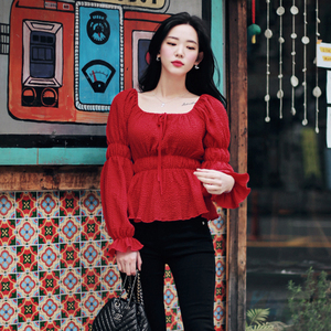 韩国东大门进口代购方领收腰喇叭袖泡泡纱可爱长袖衬衫大红色现