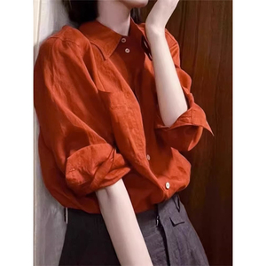 2024法式气质高级感红色衬衫女秋Polo领宽松长袖薄款防嗮上衣外套