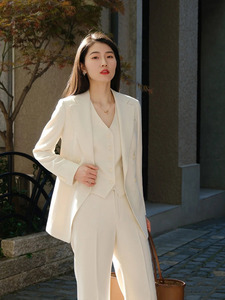 米白色西装三件套马甲直筒裤职业套装女式通勤OL高端西服套装正装