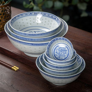 青花瓷碗家用饭碗面碗老式蓝花碗中式复古景德镇高温釉下彩陶瓷碗