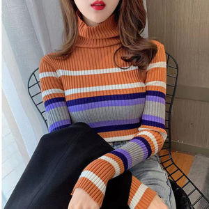 2024春季新款韩版条纹堆堆领套头针织衫修身加厚打底衫高领毛衣女
