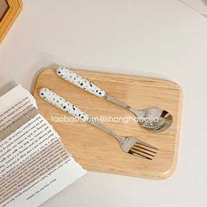 ins韩国泼墨叉子勺子套装不锈钢陶瓷柄意面甜品勺子家用吃饭餐具