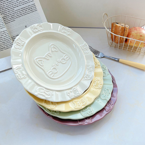 ins猫咪浮雕陶瓷盘子西餐牛排盘家用菜盘意面甜品盘水果沙拉碟子