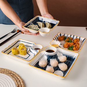 日式手绘饺子盘菜盘家用陶瓷分格碟子寿司薯条盘带醋碟蒸虾小吃盘