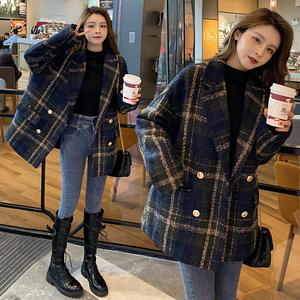 韩国呢子大衣女2024冬季新款宽松中长款小个子西装领格子毛呢外套