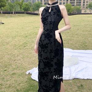 黑色珍珠领无袖改良旗袍中长款修身连衣裙军阀中国风优雅性感主播