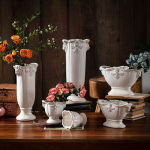 掬涵法式经典柱盆花器花瓶花盆陶瓷釉下彩装饰摆件复古白瓷