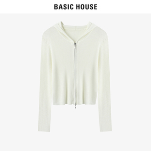 Basic House/百家好针织衫春秋外穿连帽开衫女外搭纯色打底外套