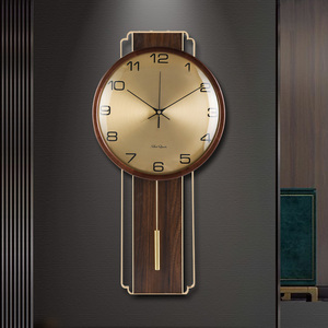 新款新中式轻奢客厅实木挂钟黄铜现代简约时尚时钟欧式挂墙钟表
