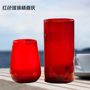 麦乐美欧式大容量红色大肚高款直身家用水杯清水玻璃杯具情侣创意