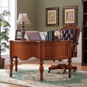 美式实木半圆书桌欧式老板办公桌写字台1.5米电脑桌弧形桌书法桌