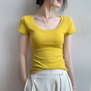 低领短袖T恤女2024夏季新款修身显瘦露锁骨黄色百搭纯棉半袖上衣