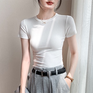 白色短袖T恤女2024夏季修身正肩圆领半袖莱赛尔天丝垂感上衣薄款