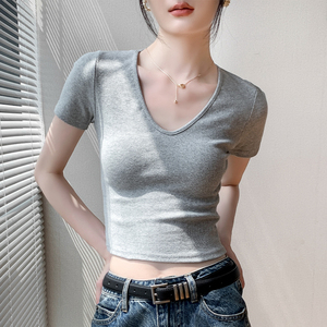 美式复古深V领短袖T恤女2024夏季新款性感露脐显瘦正肩短款上衣