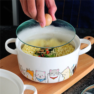 陶瓷泡面碗学生碗家用小汤碗微波炉碗带耳瓷碗北欧汤碗简约带盖碗