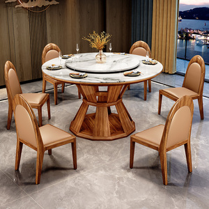 现代简约乌金木餐桌椅别墅家用奢华北欧新中式实木饭桌大理石圆桌