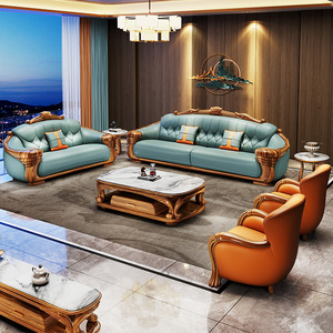 欧式别墅奢华乌金木真皮艺沙发现代简约新中式客厅大户型实木组合