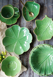 出口美国东南亚风格绿色陶瓷餐盘 芭蕉叶绿叶造型碗 创意摆盘托盘