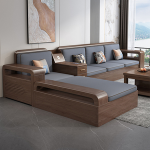 德式实木沙发现代简约小户型胡桃木储物木质家具冬夏两用客厅沙发