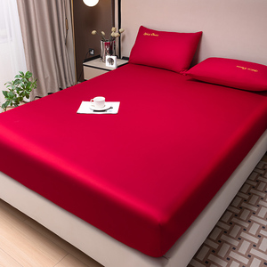 100全棉床笠单件结婚红色席梦思床罩保护套纯棉防滑床垫套三件套