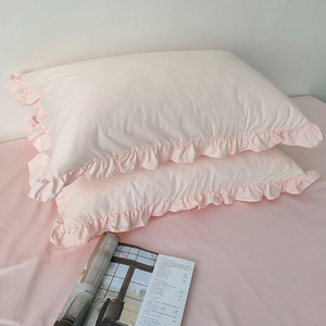 舒适全棉荷叶边枕套48*74白色粉色蕾丝花边纯棉单人枕头套包邮