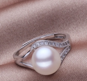 天然淡水珍珠戒指黑白金珍珠粉指环925银可调节大小女饰品