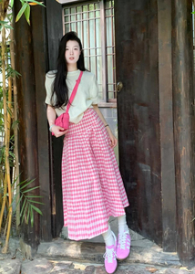 三十三 粉色格子半身裙女夏季设计感小众a字高腰显瘦中长款裙子