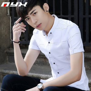 青少年夏季男装白色格子衬衫男士短袖衬衣韩版修身休闲小方领寸衫