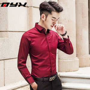 春秋季男士长袖衬衫酒红色韩版潮流修身衬衣商务休闲帅气纯色寸衫
