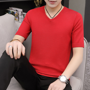 本命年V领针织短袖男士毛衣半袖韩版红色打底衫鸡心领线衣半截袖1