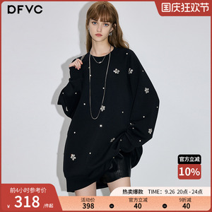 dfvc黑色美式休闲重工钉珠圆领卫衣女2024秋季新款宽松中长连衣裙