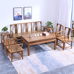 红木鸡翅木沙发客厅全实木冬夏两用中式大小户型木质沙发茶几组合