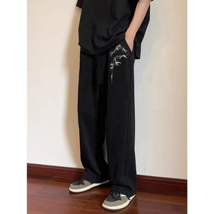 新中式男装裤子中国风大码日系刺绣夏薄款冰丝阔腿垂坠感高级西裤