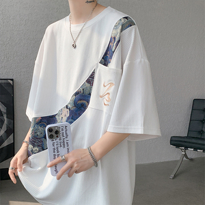 新中式男装t恤中国风高级冰丝刺绣7七分袖薄款夏速干白色短袖卫衣