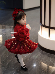 zkako知夏子女童搭配酒红tutu裙上衣毛球球套头毛衣凸凸裙套装