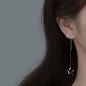 S925纯银星星耳线女小清新简约气质镂空五角星耳环长款耳链耳饰品