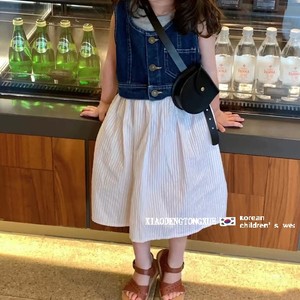 韩版童装女童夏季时髦套装牛仔马甲纯色背心条纹裙子洋气三件套