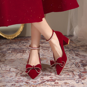 秀恋歌红色婚鞋秀禾服两穿高跟鞋子新娘鞋新款孕妇粗跟中式礼服鞋