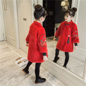 女童拜年服2023冬季小女孩仙女汉服红色中国风圆领绣花绒外套唐装