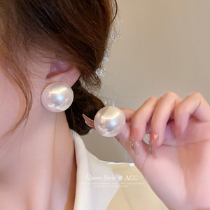韩国复古赫本925银针大珍珠耳环气质名媛法式圆形气质耳钉女高级