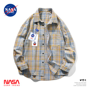 NASA联名美式复古格子衬衫男高级感春季宽松休闲痞帅格纹衬衣外套